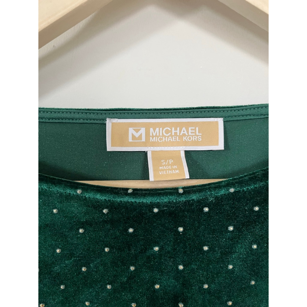 Michael Kors Dark Green Gold Studded Velvet Short Ruffle Sleeve Ruched Blouse - Picture 3 of 7